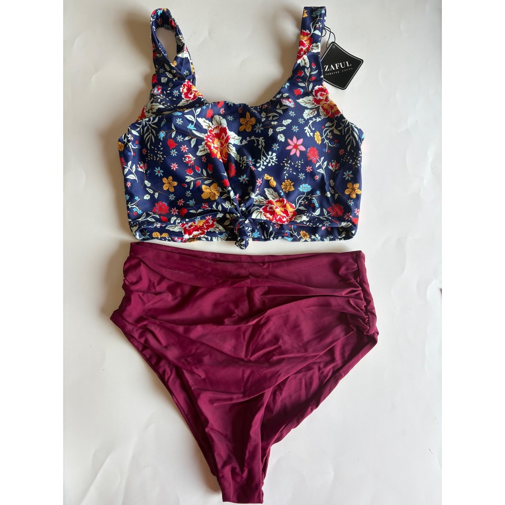 Zaful Floral Print Tie Front High Waisted Two Piece Bikini Swimsuit Medium US 6